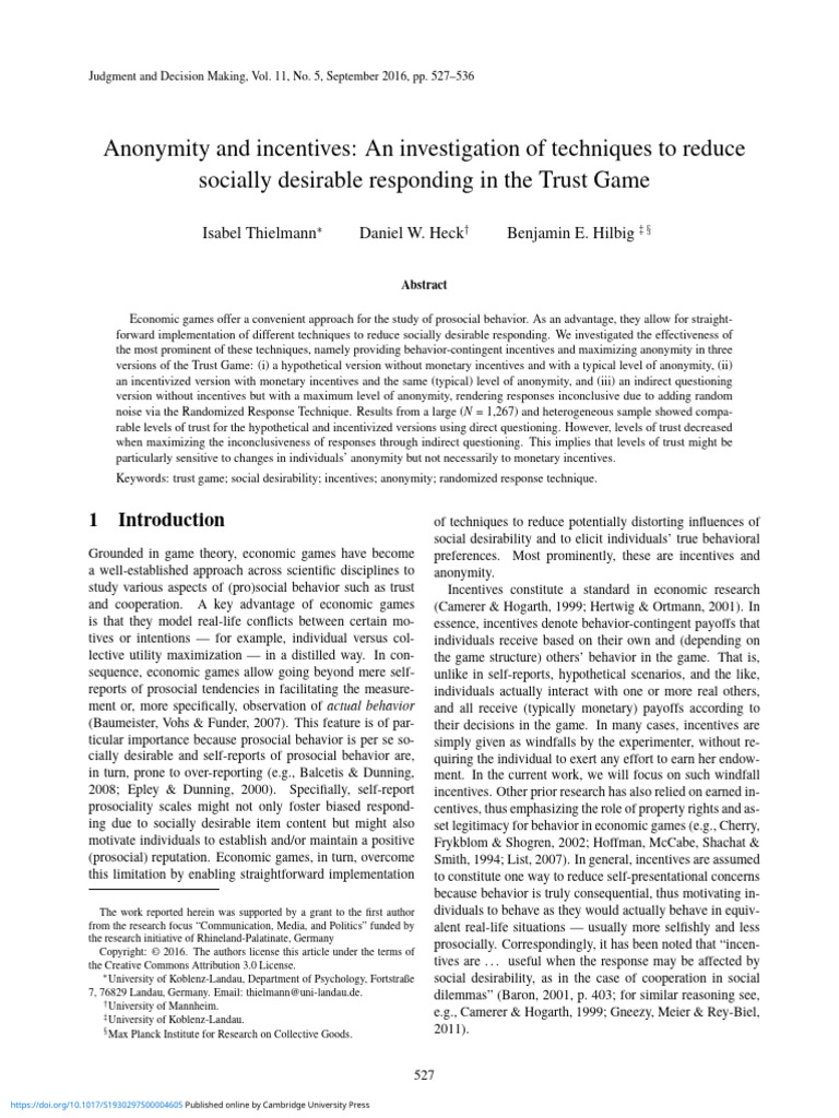 Anonymity and Incentives An Investigation of Techniques To Reduce ...