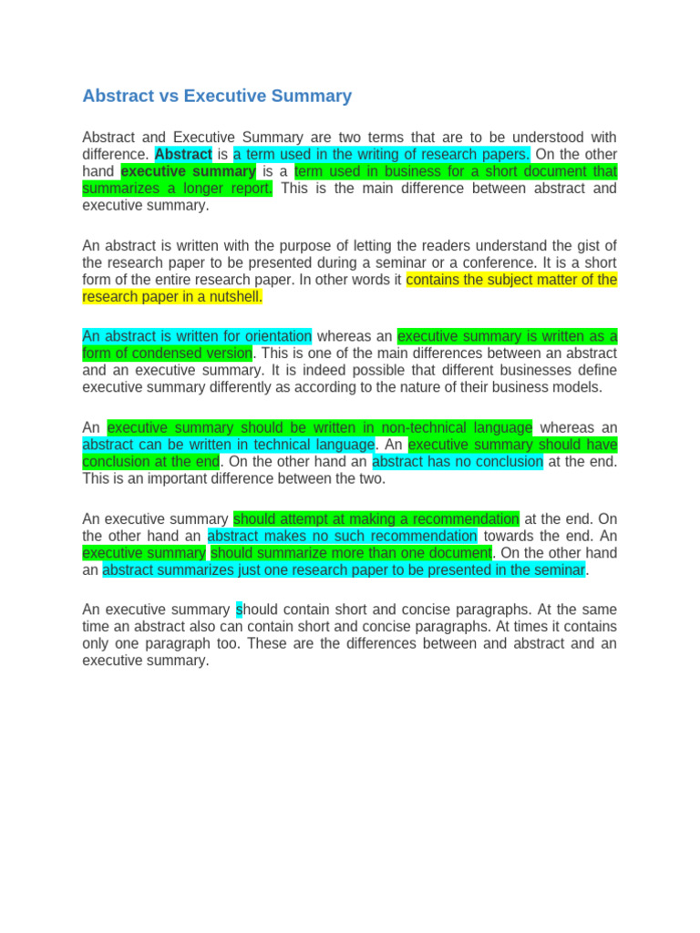 Abstract vs Executive Summary Explained | PDF