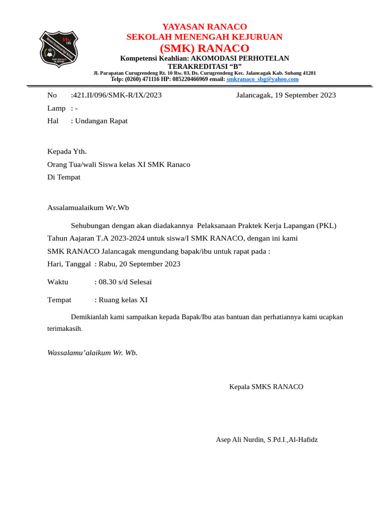 Undangan Rapat PKL SMK Ranaco 2023 | PDF