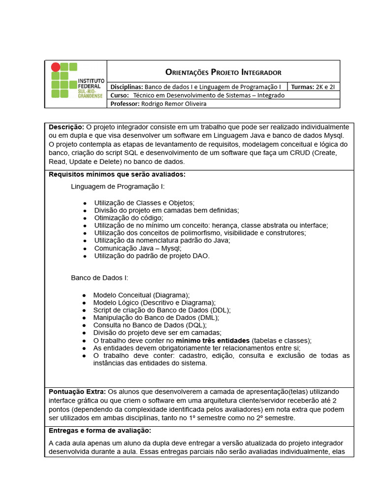 Orientações Projeto Integrador Java e MySQL | PDF | Classe (programação ...