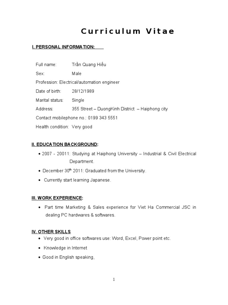 Electrical Engineer CV - Trần Quang Hiếu | PDF