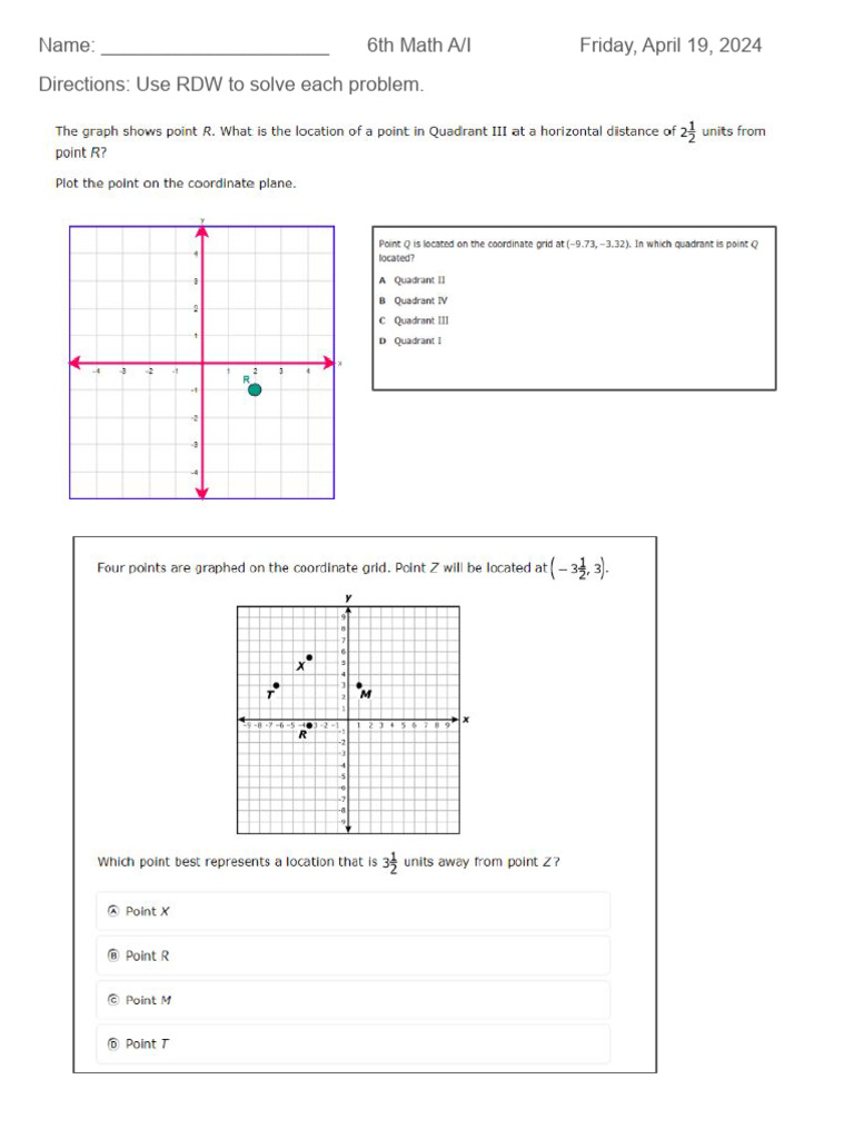 6th Grade Math RDW Problem Set | PDF
