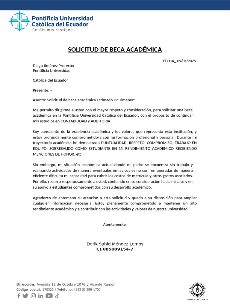 Solicitud de Beca Académica PUCE | PDF