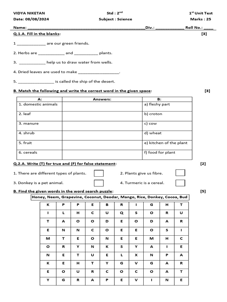 2nd Grade Science Unit Test 2024 | PDF | Foods | Plants