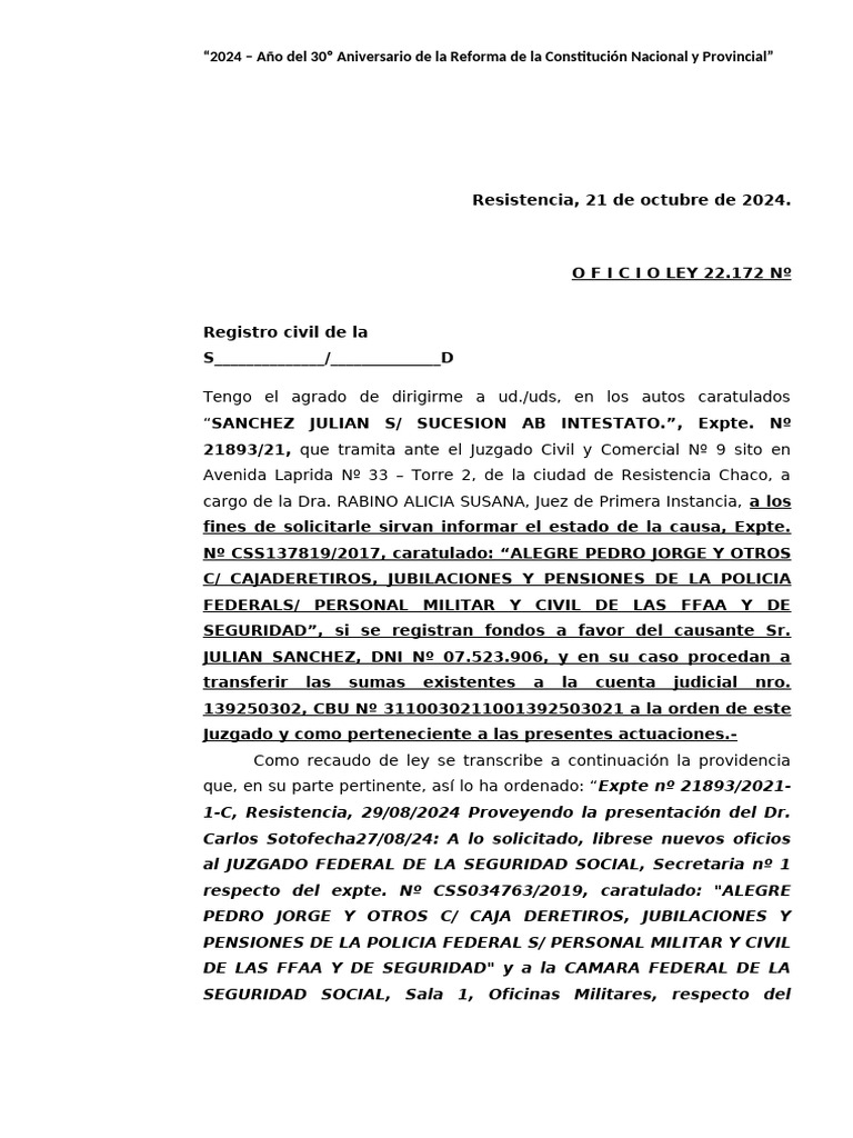 Oficio Ley 22172 | PDF | Gobierno | Justicia