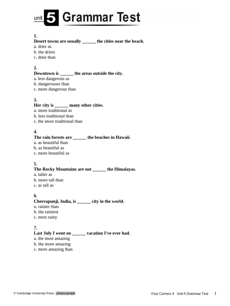 Four Corners 4 Unit 5 Grammar Test | PDF | Earth Sciences