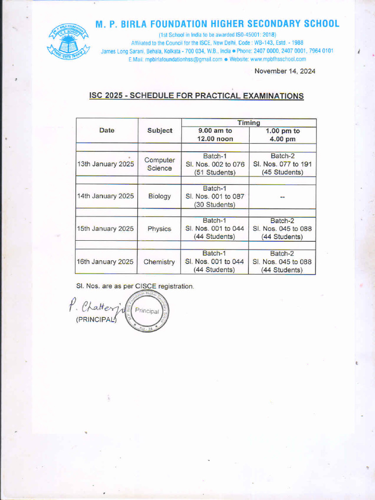 ISC 2025 - Practical Exam Time Table | PDF