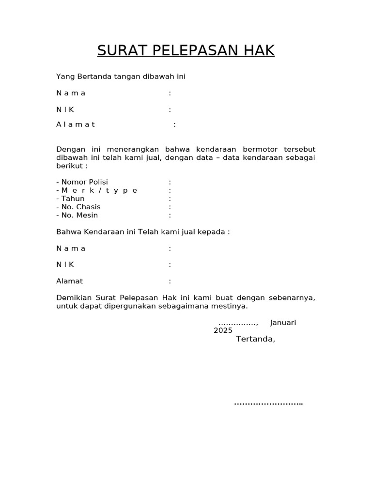 Surat Pelepasan Hak Kendaraan Bermotor | PDF