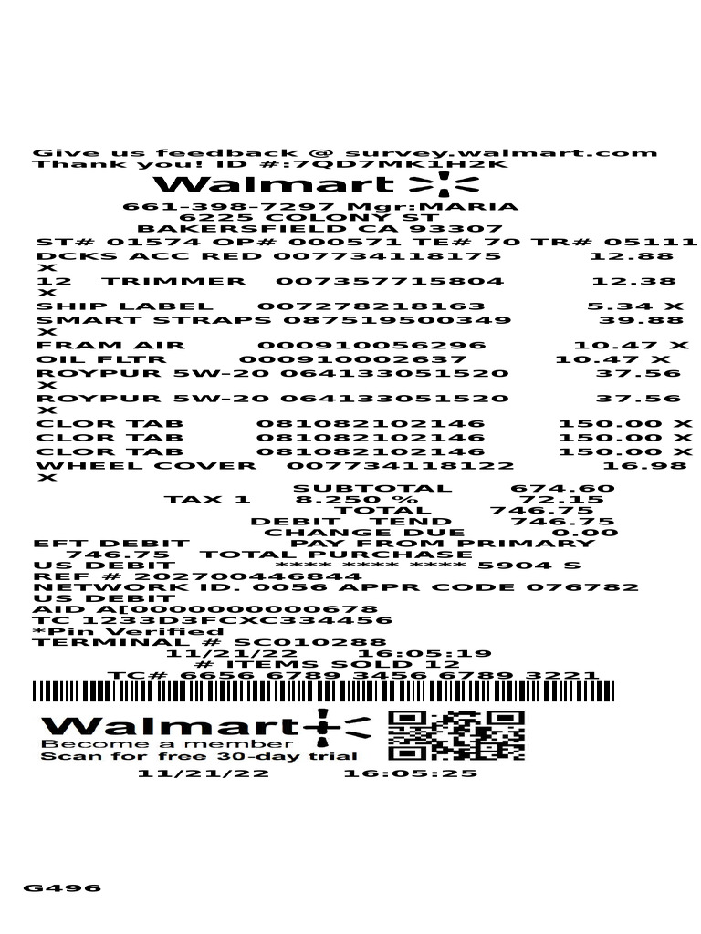 Walmart Purchase Receipt Summary | PDF
