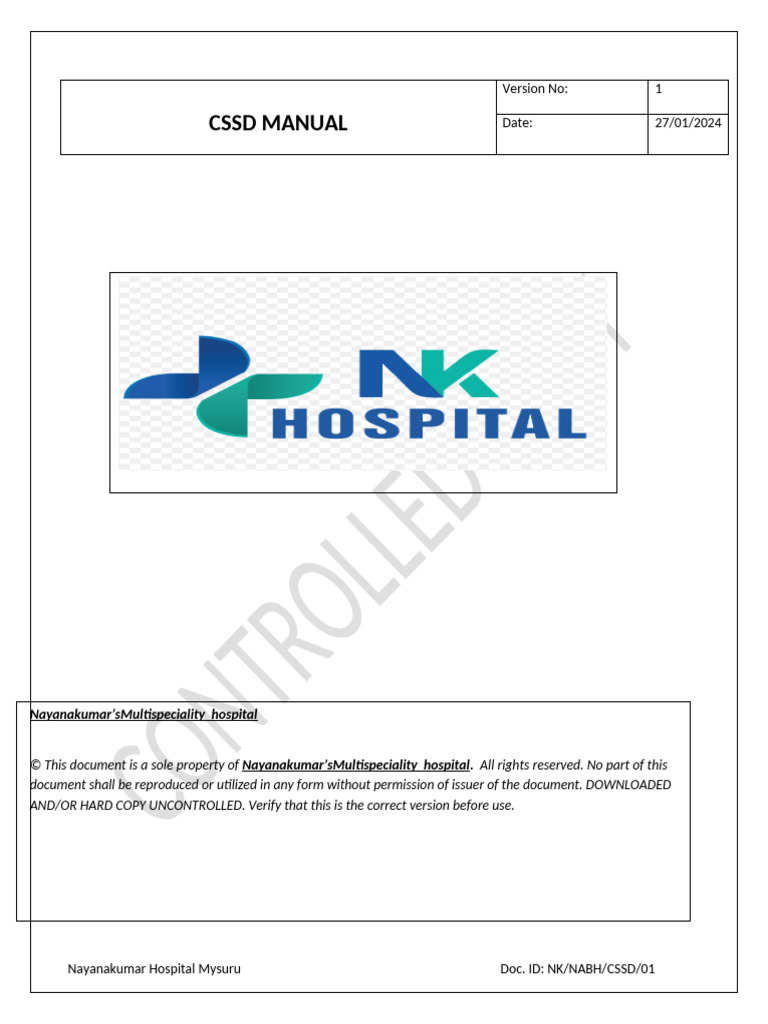 CSSD Manual for Nayanakumar Hospital | PDF | Sterilization (Microbiology)