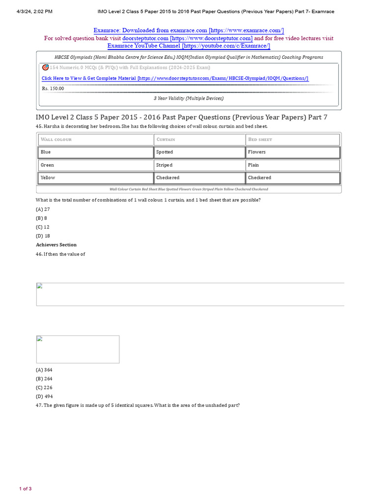 IMO Level 2 Class 5 Past Paper 2015-2016 | PDF | Length | Mathematics