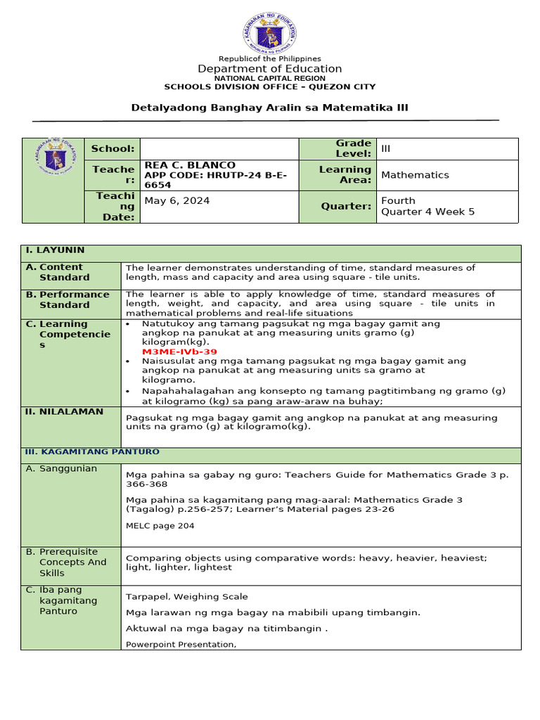 Detailed Lesson Plan in Math - Rea C. Blanco-Hrutp-24b-E-6654 | PDF