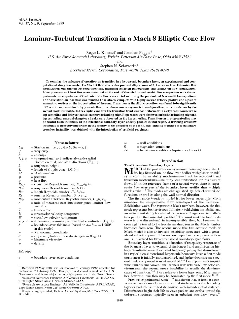Laminar-Turbulent Transition in A Mach 8 Elliptic Cone Flow | PDF ...