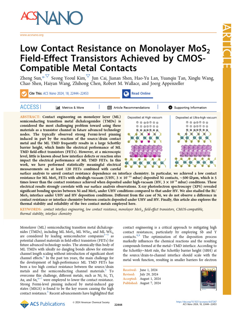 Low Contact Resistance in MoS2 FETs | PDF | Field Effect Transistor ...