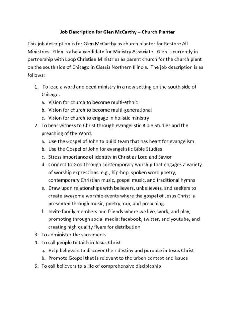 CP - Sample JobDescription - GlenMcCarthy | PDF | Jesus | Evangelism
