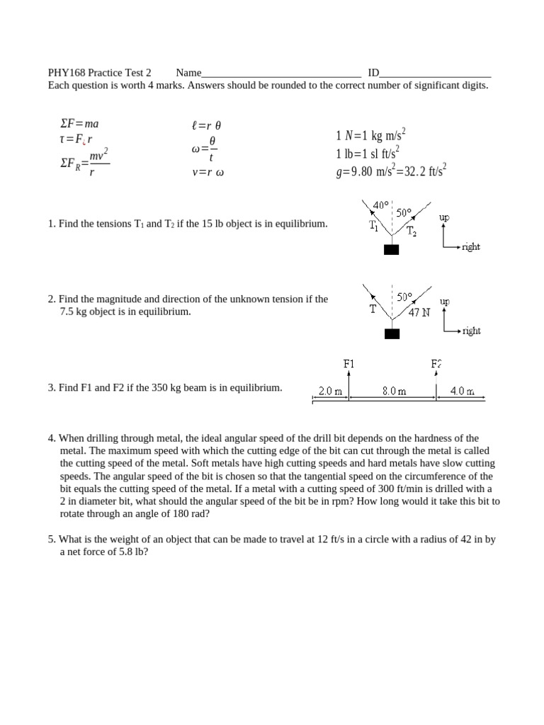 Physics Equilibrium & Dynamics Test | PDF