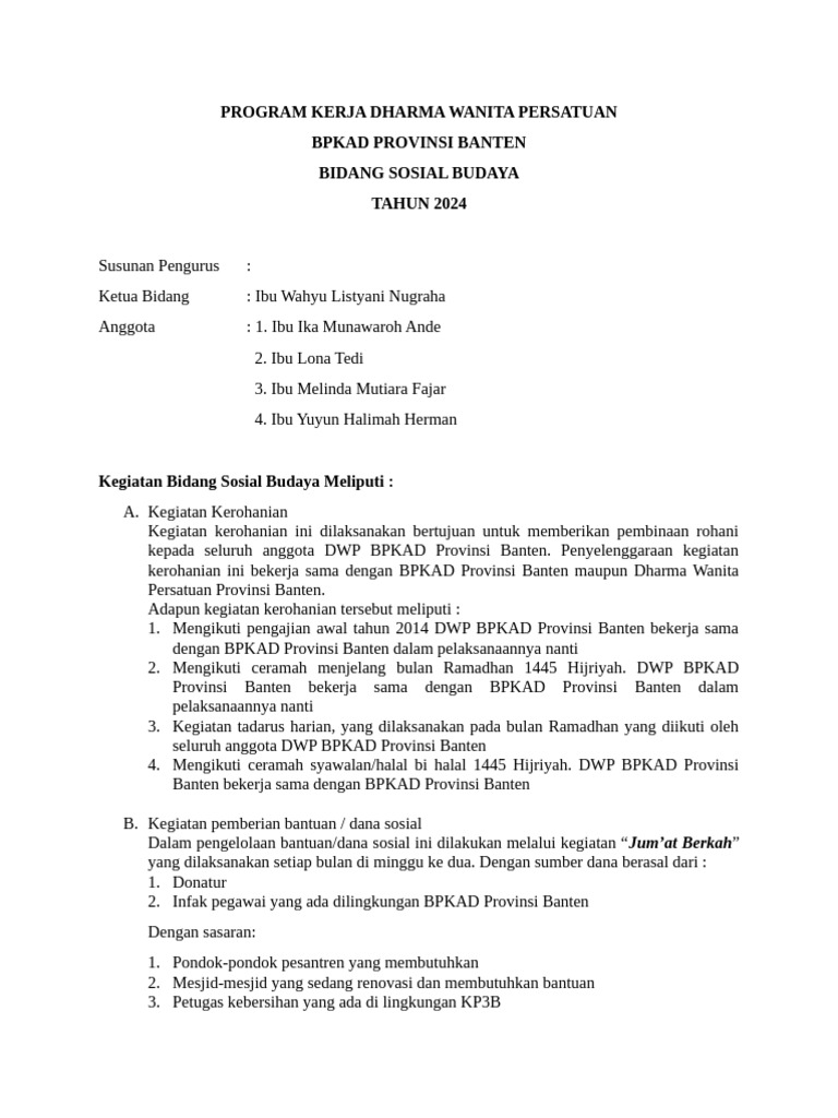 Program Kerja DWP BPKAD Banten 2024 | PDF