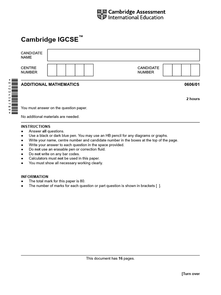 Cambridge IGCSE Additional Mathematics Specimen Paper | PDF | Sphere | Area