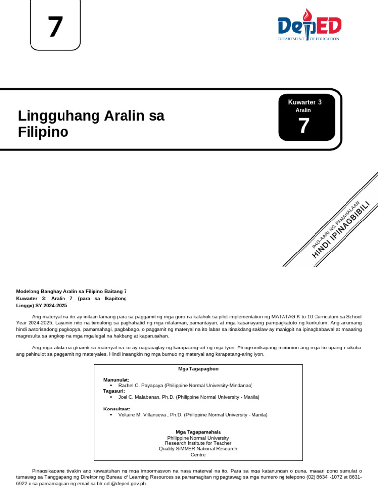 LE - Q3 - Filipino 7 - Week 7 | PDF