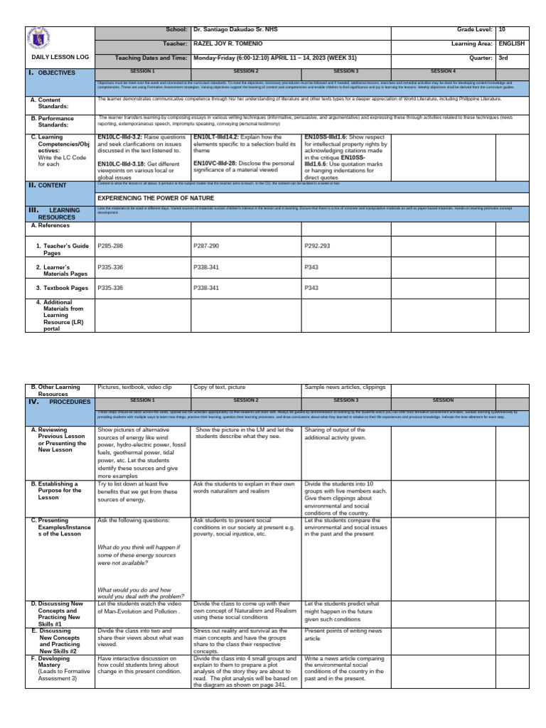 Grade 10 English Daily Lesson Plan | PDF | Learning | Teachers