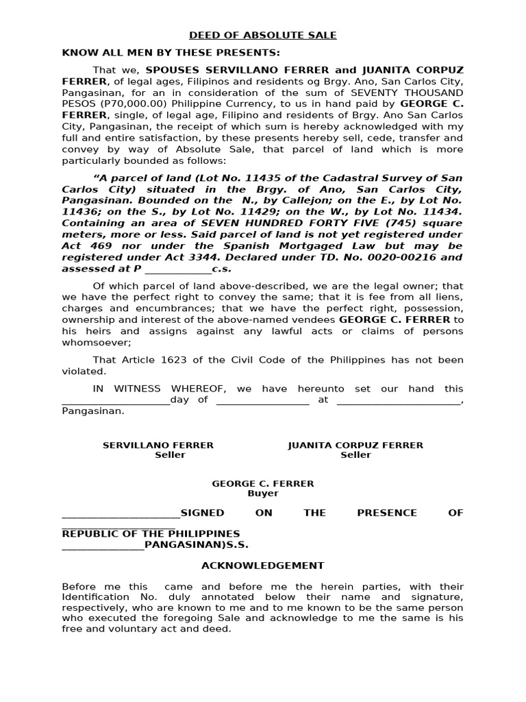 Sale of Land to George C. Ferrer | PDF | Civil Law (Common Law ...