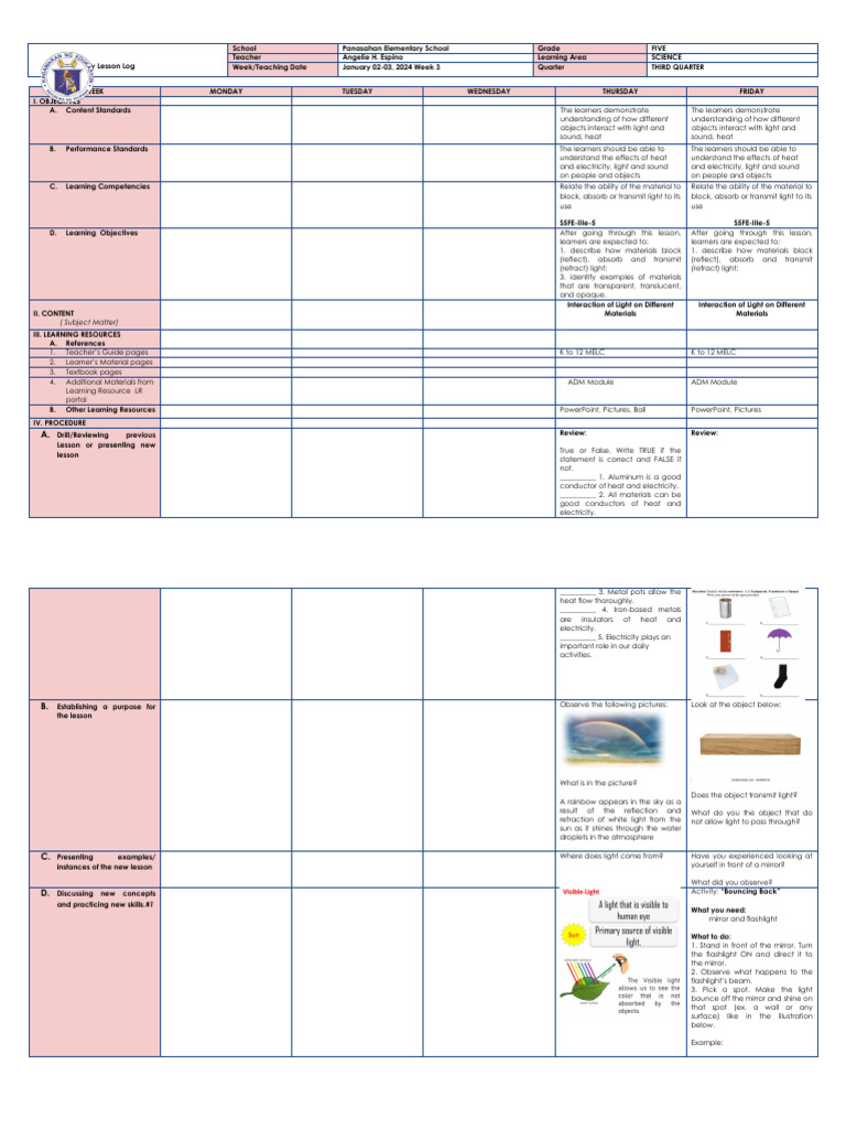 DLL Science 5 W3 Q3 | PDF | Mirror | Light