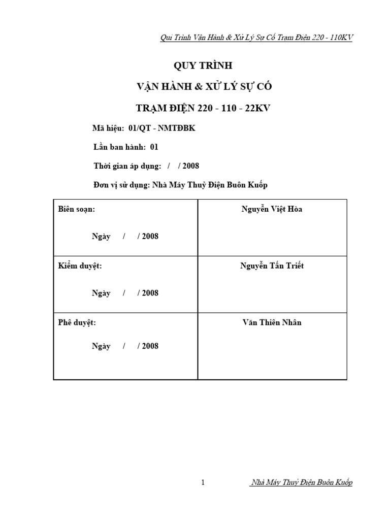qui trinh van hanh tram điện 220 -110KV - moi - | PDF