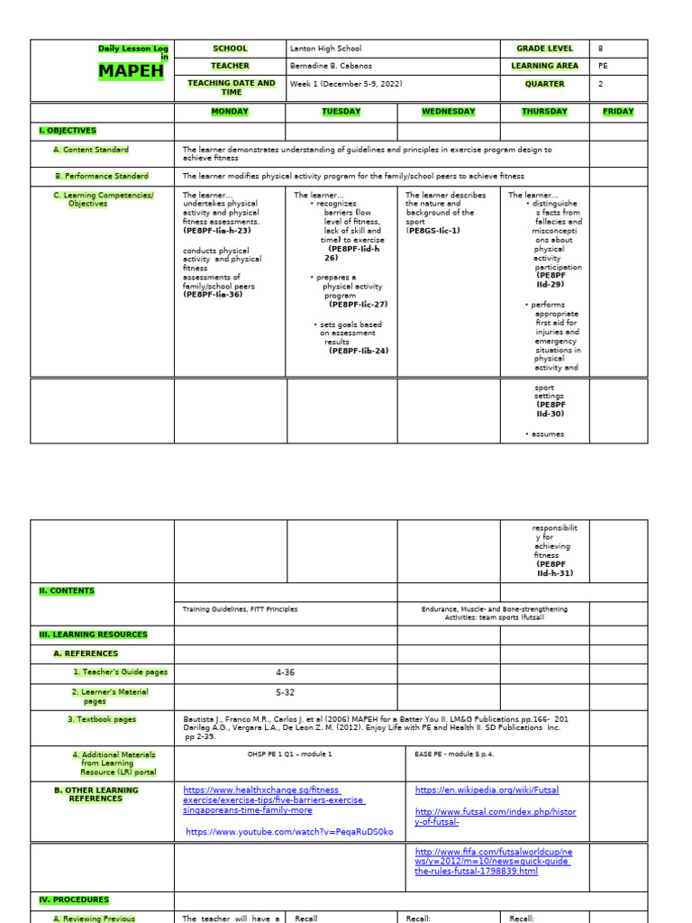 Grade 8 MAPEH Daily Lesson Plan | PDF | Physical Fitness | Learning