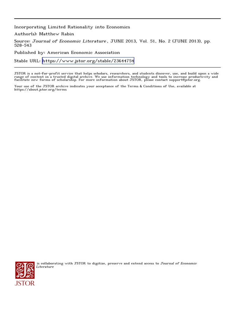 Rabin IncorporatingLimitedRationality 2013 | PDF | Rationality | Economics