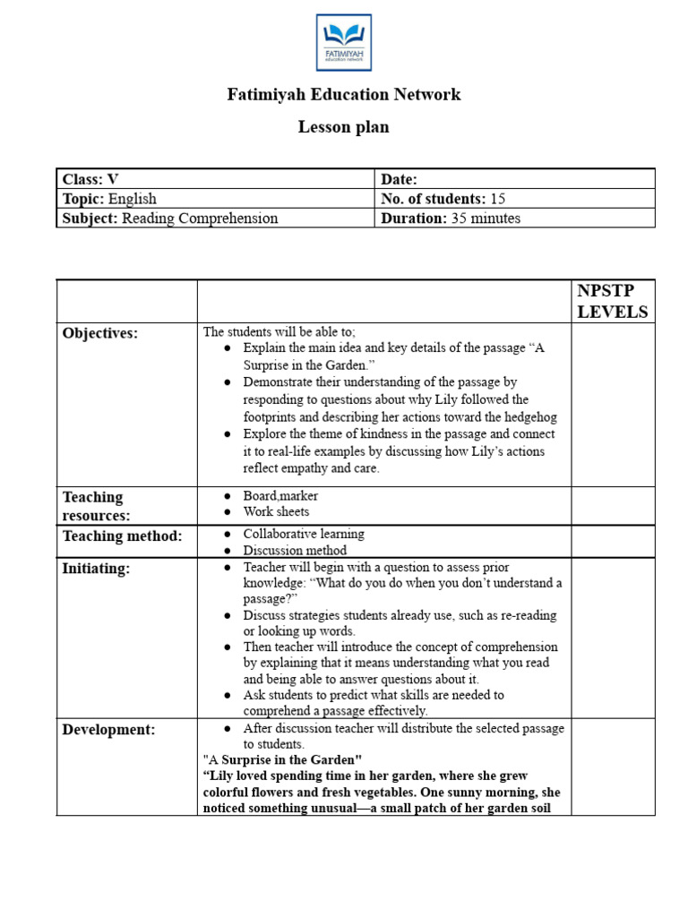 Reading Comprehension Lesson Plan | PDF | Reading Comprehension ...