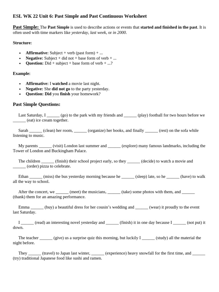 Past Simple and Continuous Worksheet | PDF