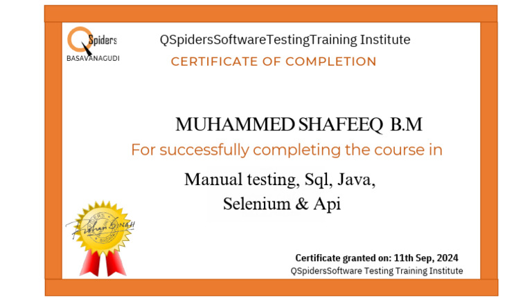 QSpiders Software Testing Course Certificate | PDF