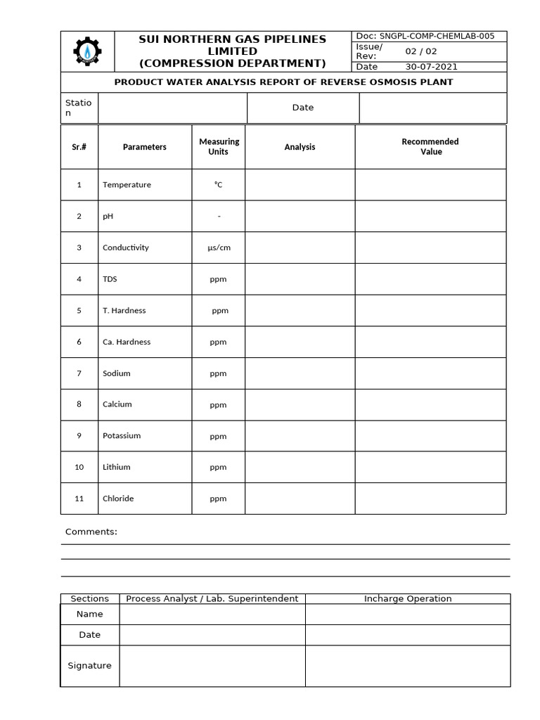 SNGPL-COMP-CHEMLAB - 005 RO Water Analysis Report | PDF