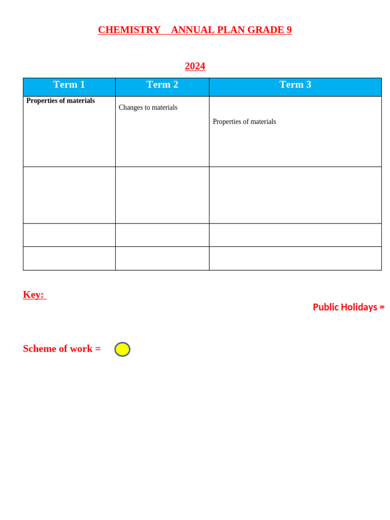 Grade 9 Chemistry Annual Plan 2024 | PDF | Chemical Compounds | Ionic ...