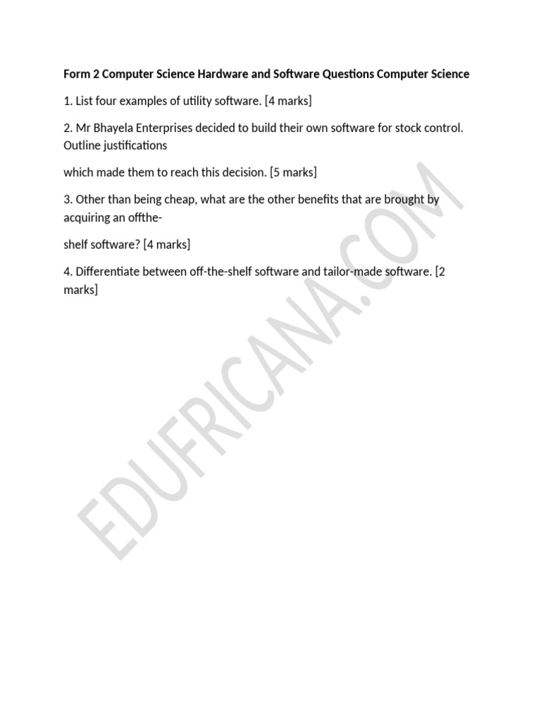 ZIMSEC Form 2 Computer Science Hardware and Software Questions Computer ...