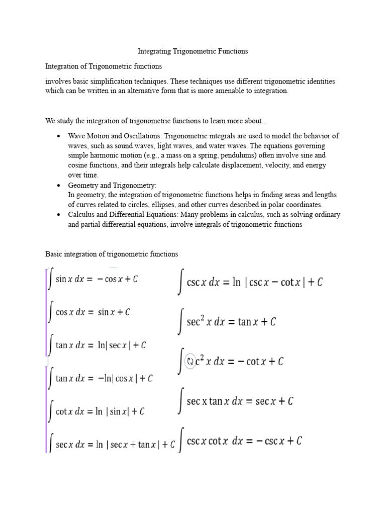Trigonometric Function Integration Guide | PDF | Trigonometric ...
