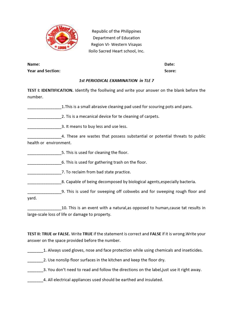 TLE Grade 7 1st Periodical Exam 2025 | PDF | Emergency Management | Safety