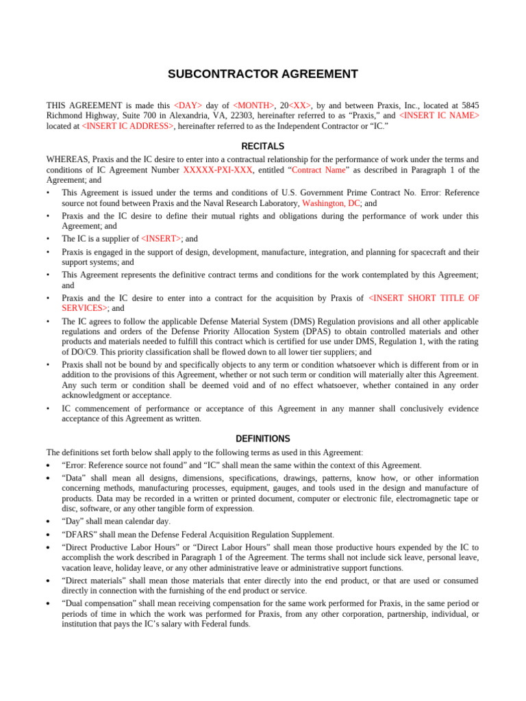 Subcontractor Agreement 25 | PDF | Liability Insurance | Per Diem