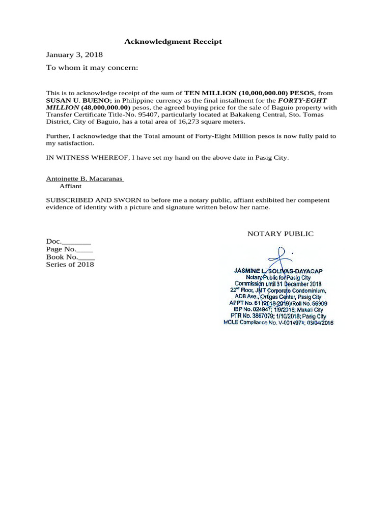 Acknowledgment Receipt for Property Sale | PDF