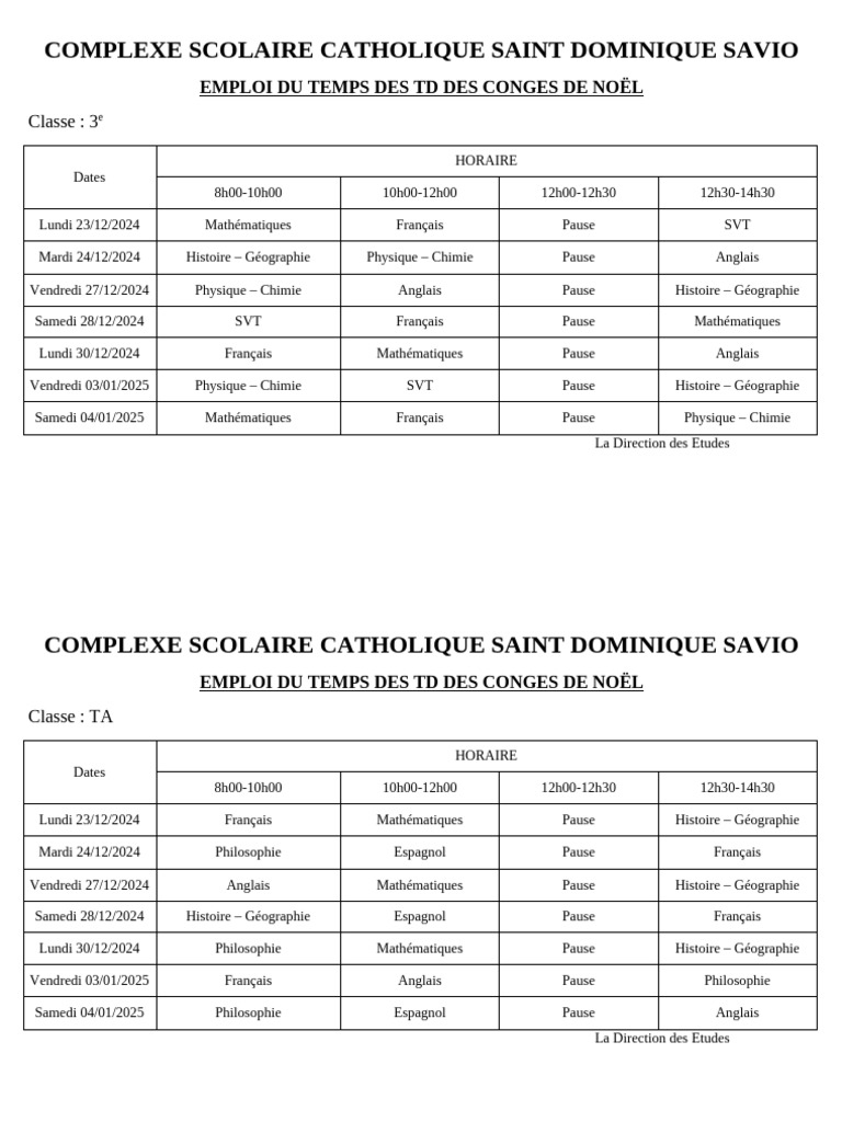 Emploi du temps Noël 2024 - Classes 3e et TA | PDF | Demande ...