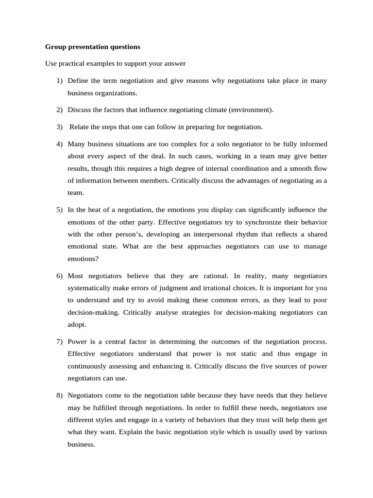 Key Questions on Business Negotiation | PDF | Negotiation | Decision Making
