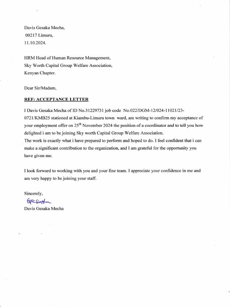 Acceptance Letter for Coordinator Position | PDF