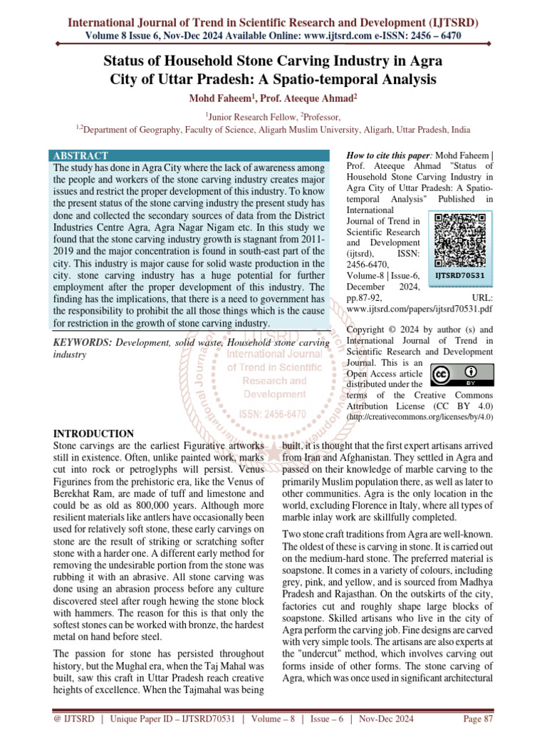 Status of Household Stone Carving Industry in Agra City of Uttar ...