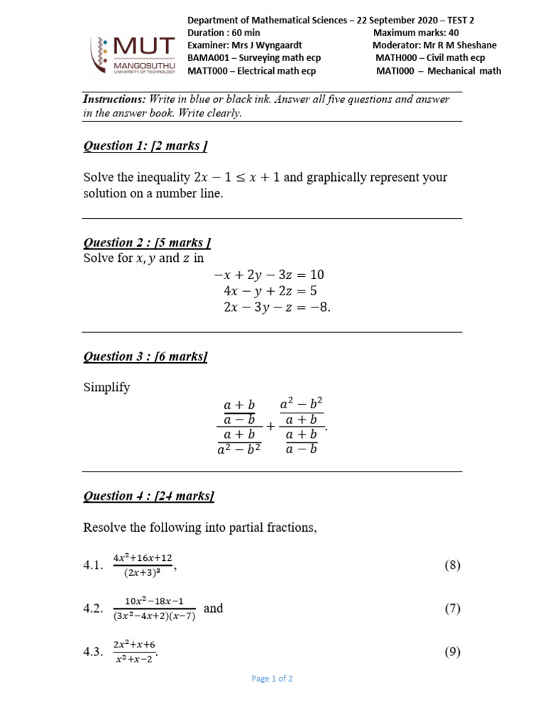 Math Test 2: Inequalities & Fractions | PDF