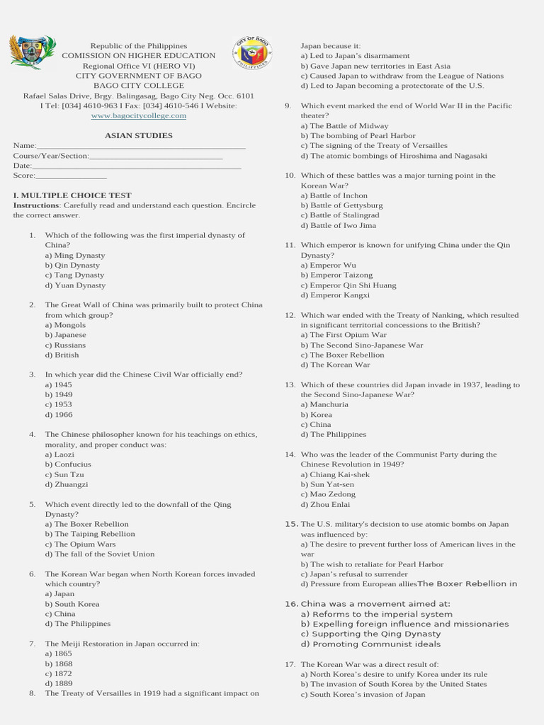 Test Questionnaire (Assesment) | PDF | China | World Politics
