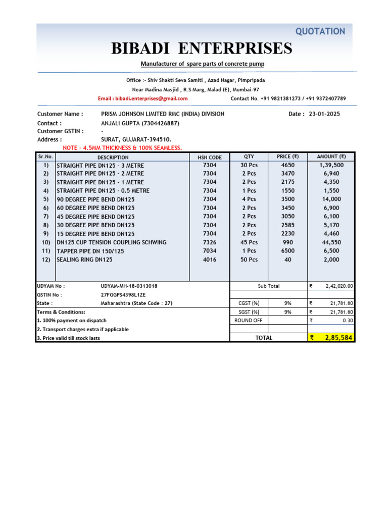 Quotation for Concrete Pump Parts | PDF | Equipment | Building Engineering