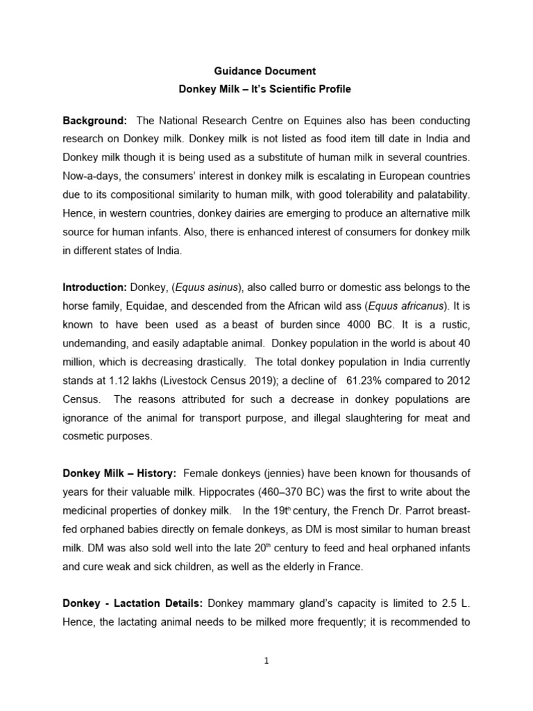 Donkey Milk: Production and Benefits | PDF | Milk | Donkey
