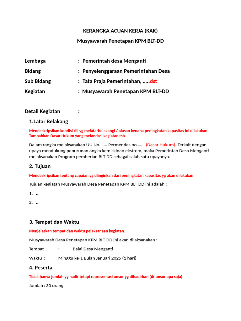 Menyusun KAK - TOR - Contoh Musdes | PDF
