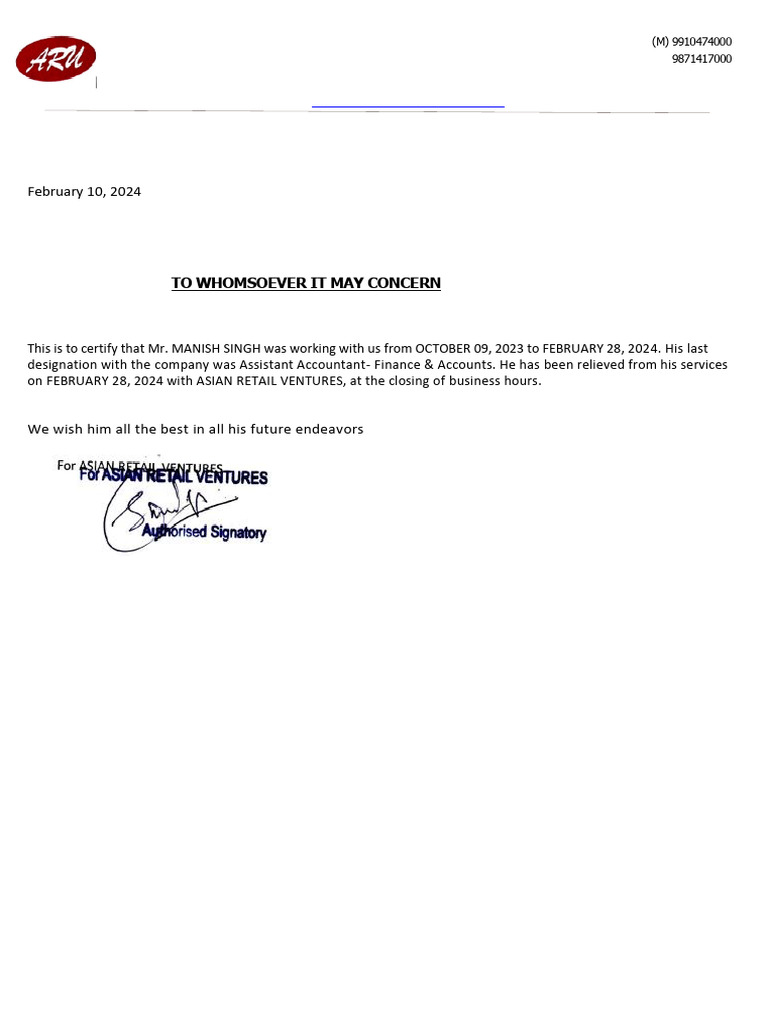 Employment Certificate for Manish Singh | PDF
