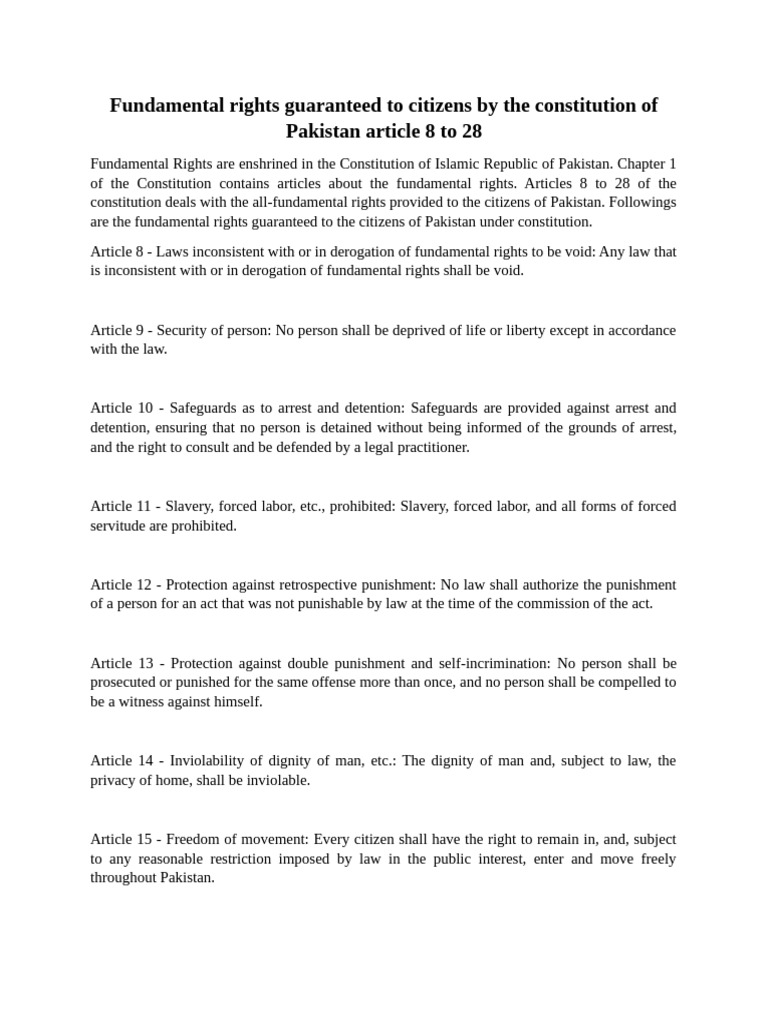 Fundamental Rights in Pakistan (Articles 8-28) | PDF | Libertarian ...